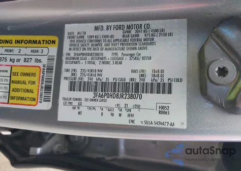 2018 Ford Fusion Se from USA, damaged, VIN 3FA6P0HD8JR238070